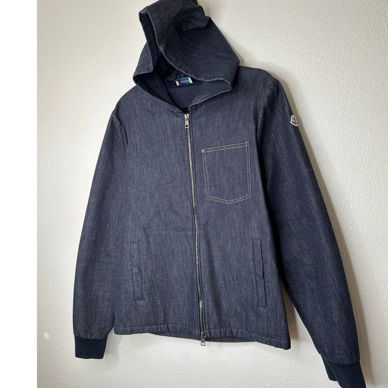 Moncler Maglia Cardigan Dark Wash Denim Blue Zip Hooded Jacket L