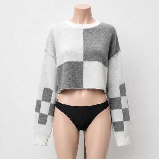 Vintage Havana Gray & Cream Colorblock Check Cropped Raglan Shoulder Crew Neck Sweater