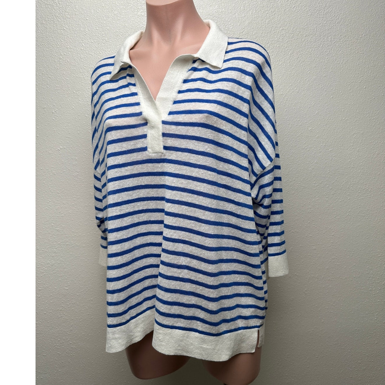 Poetry Ivory Blue Striped Linen Knit Collared V-Neck Boxy Sweater US 12