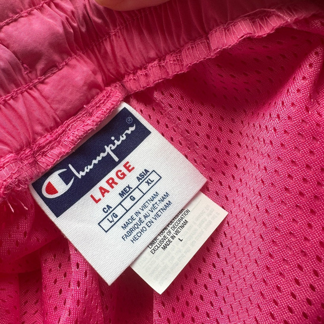 Champion Pink Lightweight Crinkle Nylon Lined Shorts Color Pop Logo L