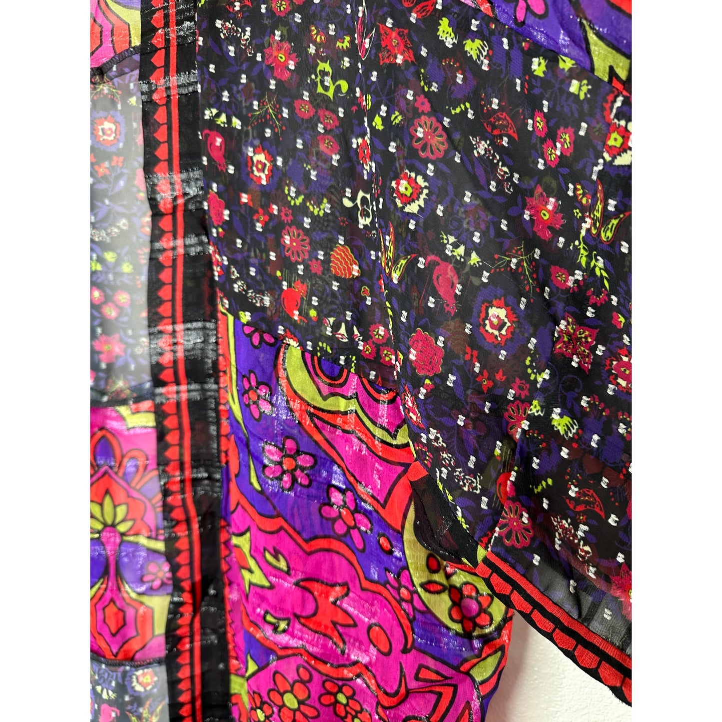 Anna Sui Multicolor Pink Black Purple Sheer Shimmer Floral Paisley Kimono M / L