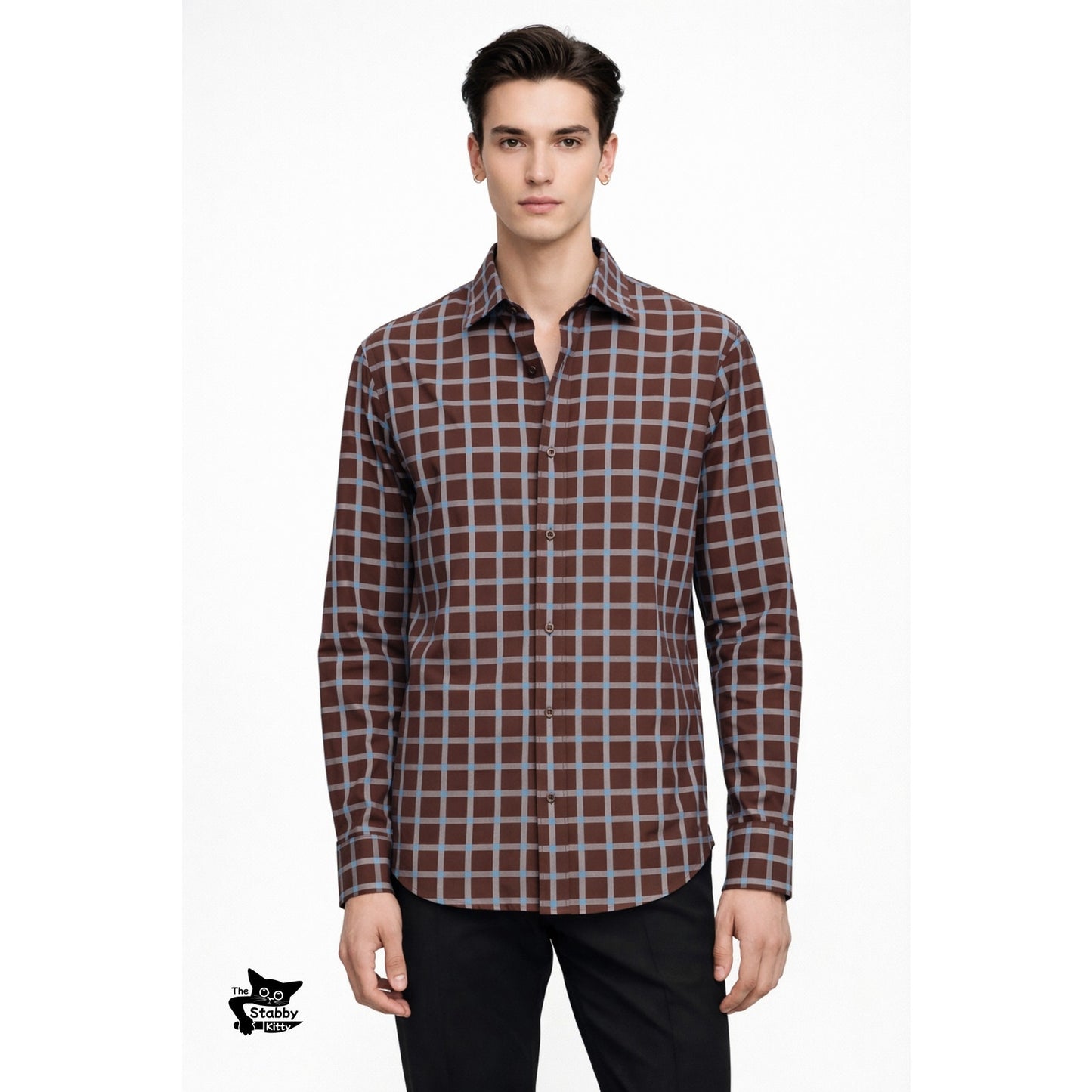 Bugatchi Plaid Button Front Long Sleeve Shirt Mens L Blue Brown