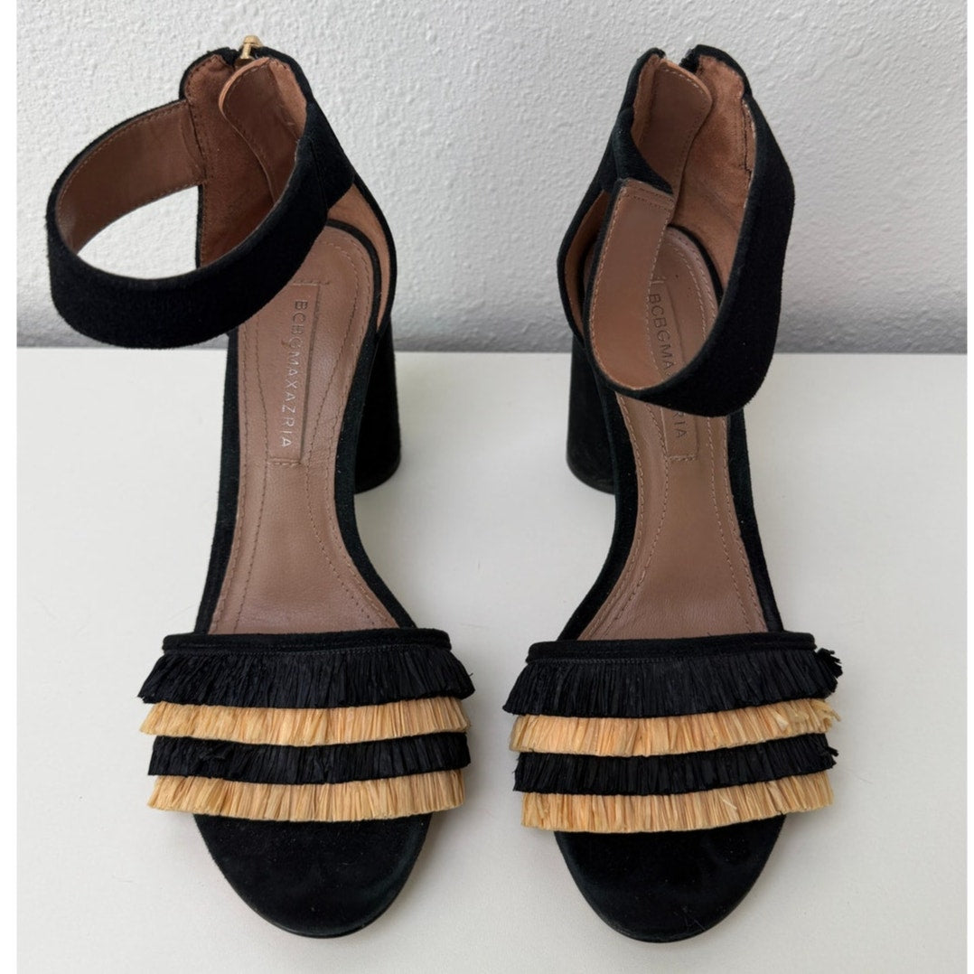 BCBGMaxAzria Alonza Raffia Heels Black Tan Womens US 7.5