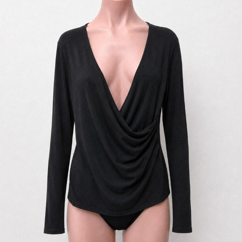 Aziz Jet Black Slinky Faux Wrap Deep VNeck Long Sleeve Sweater Jumper Top L