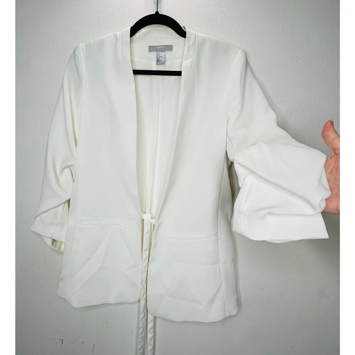 H&M Cream Linen Blend Fitted Blazer Jacket Hook & Eye Front 3/4 Ruched Sleeves 4