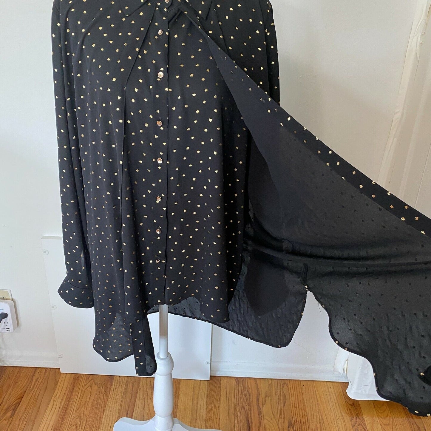 Cartise Black and Gold Polka Dot Button Down Shirt Sheer Front Overlay Panel 14