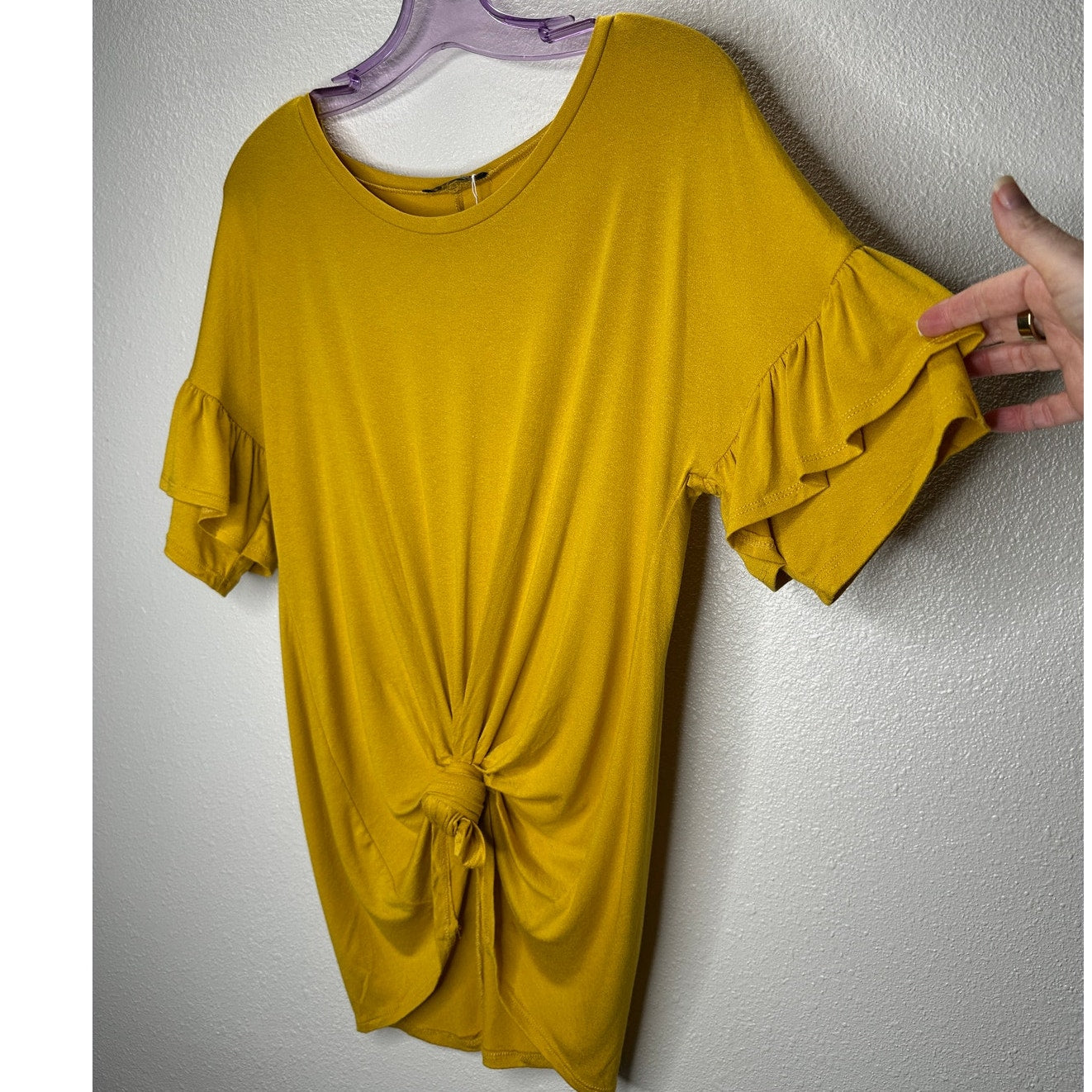 NWT Shop Basic Mustard Yellow round Neck Ruffle Sleeve Front Knot Shirt M