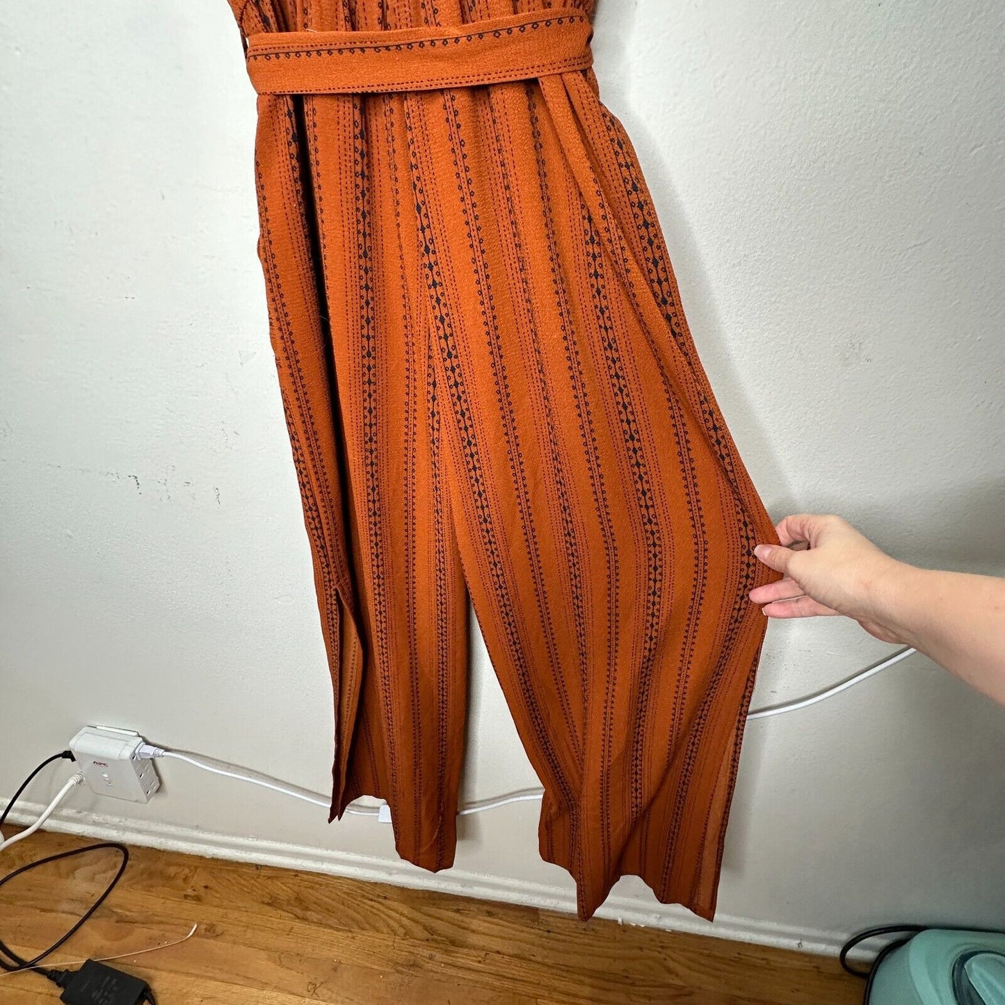 E & M Rust & Black Aztec Print V-Neck Spaghetti Strap Pockets Tie Waist Jumpsuit