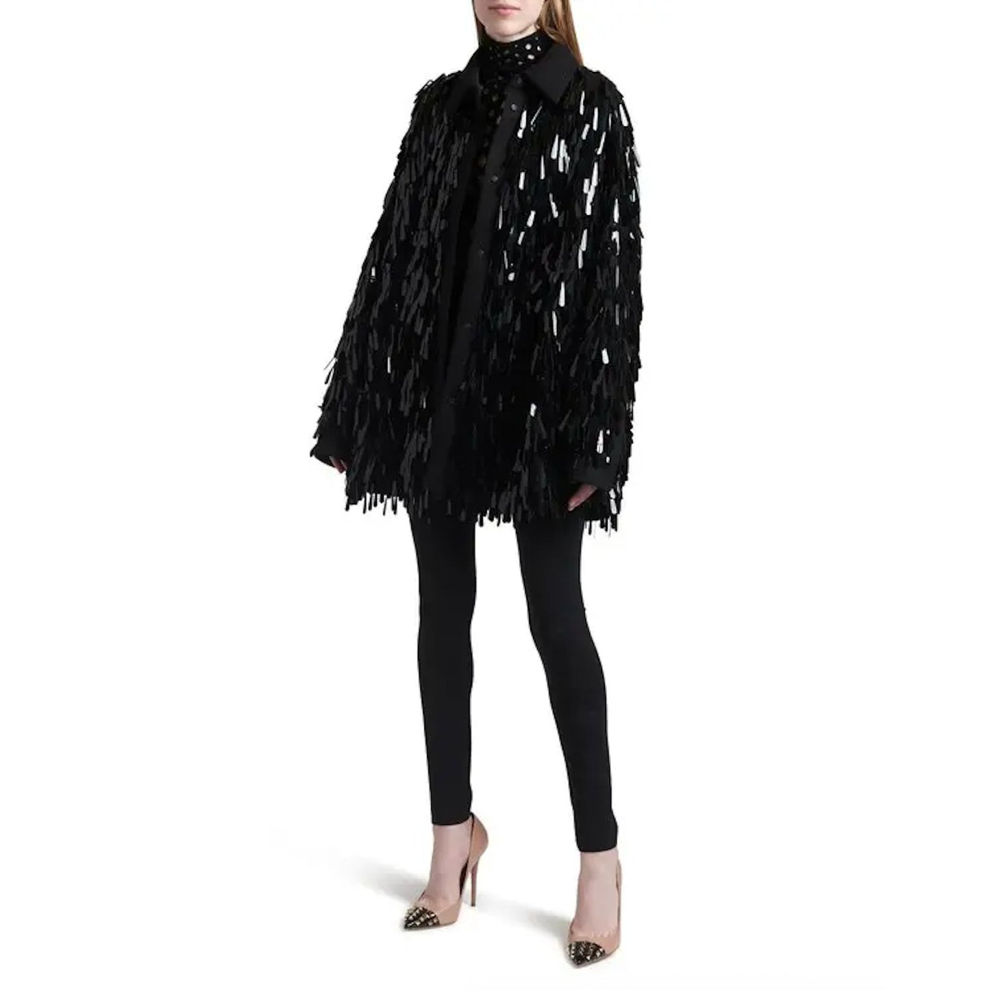 Valentino Garavani Black Sequin Fringe Shirt Jacket Medium