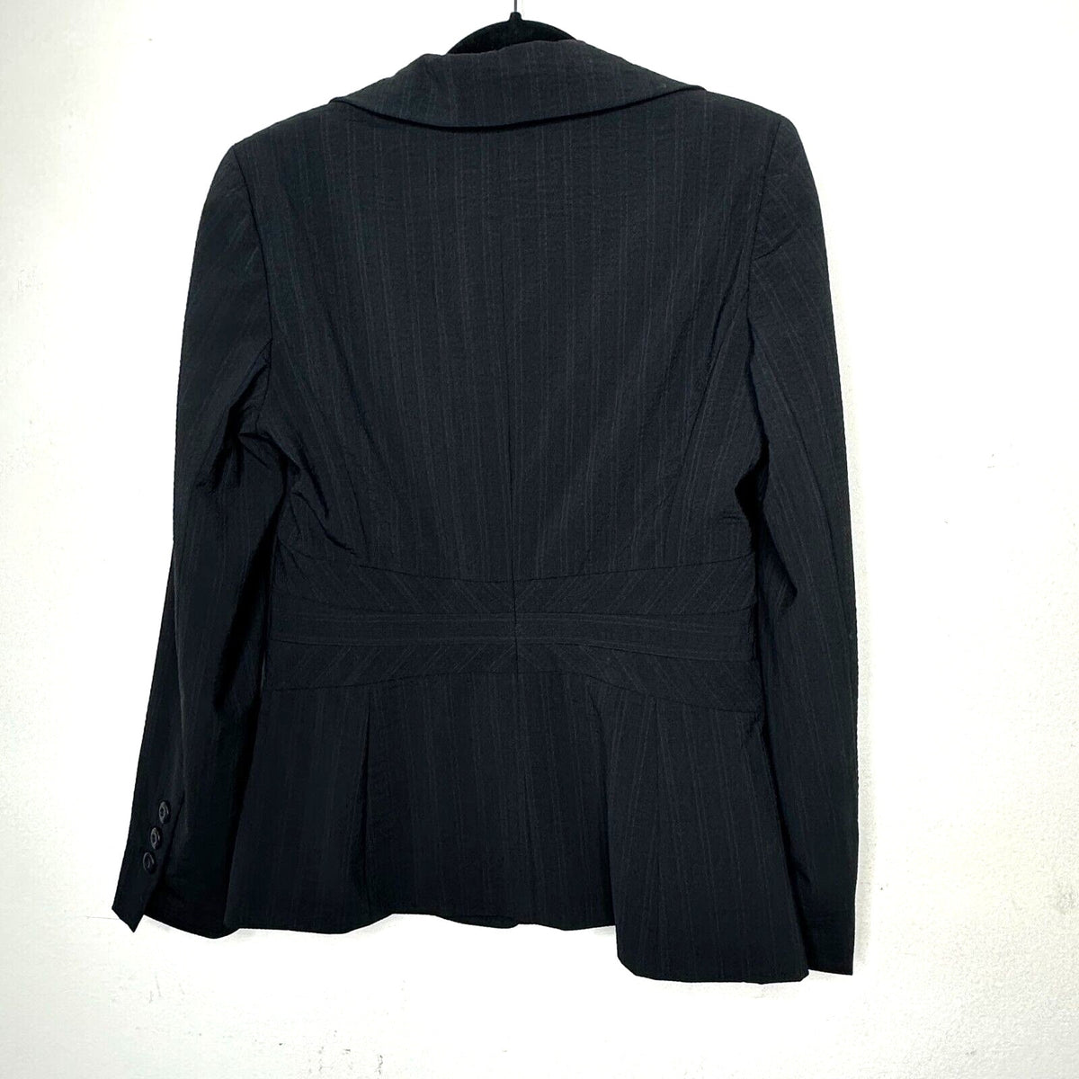 Classiques Navy Blue Pinstripe Fitted Peplum Waist 4-Button Wool Blazer 10