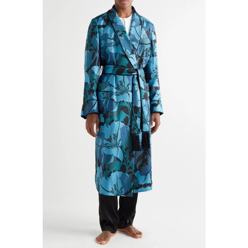 Tom Ford Floral Silk Twill Robe Blue/Teal Men’s M Tassel Belt