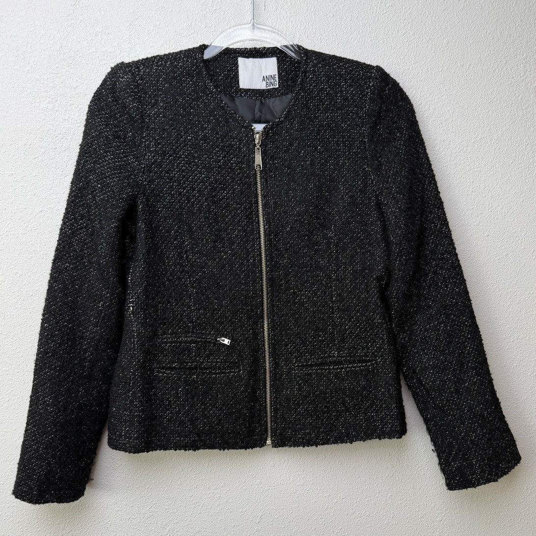 Anine Bing Houndstooth Tweed Jacket Zip Front Shoulder Pad Size S