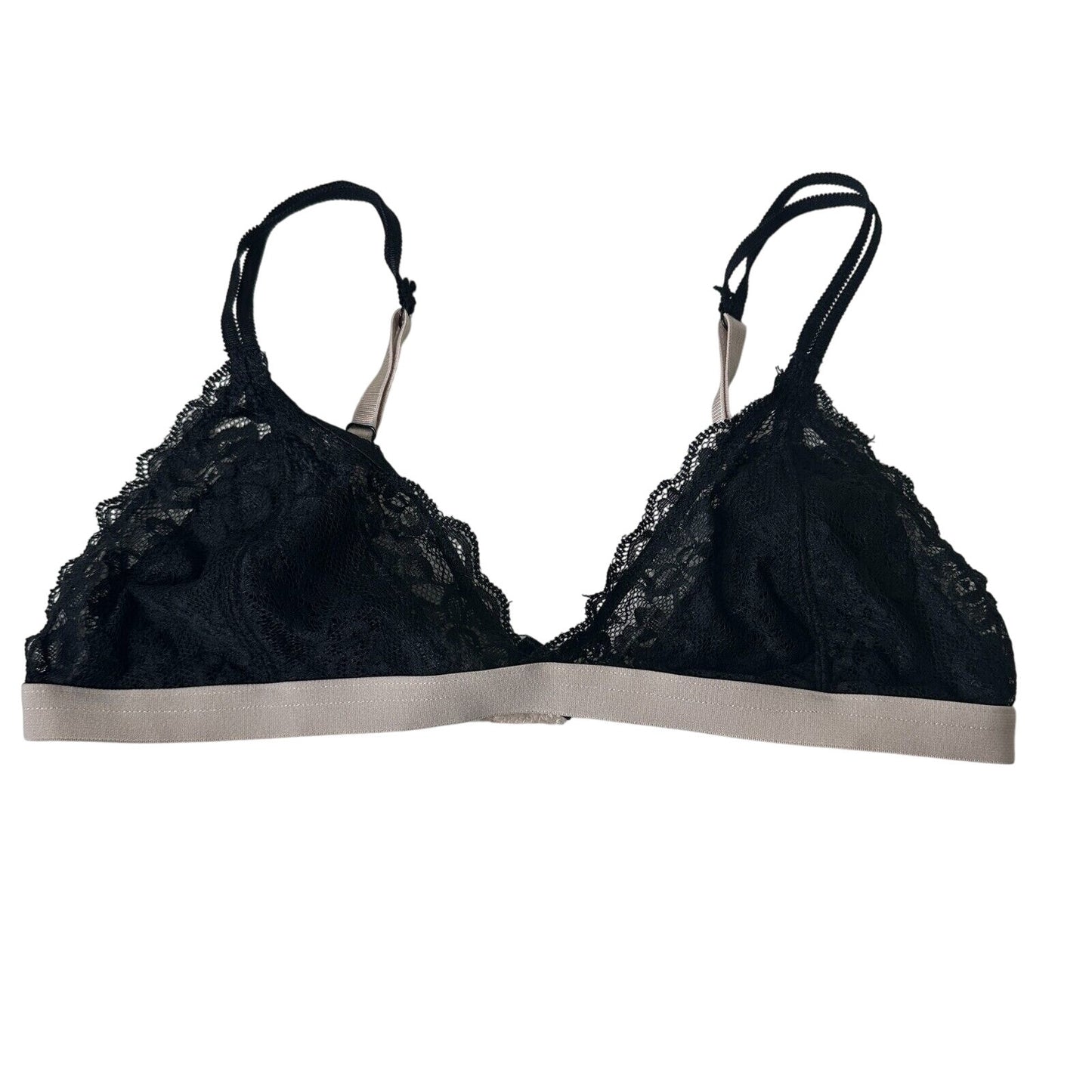Black With Nude Edging Triangle Lace Bralette Adj Straps Hook & Eye Close Large