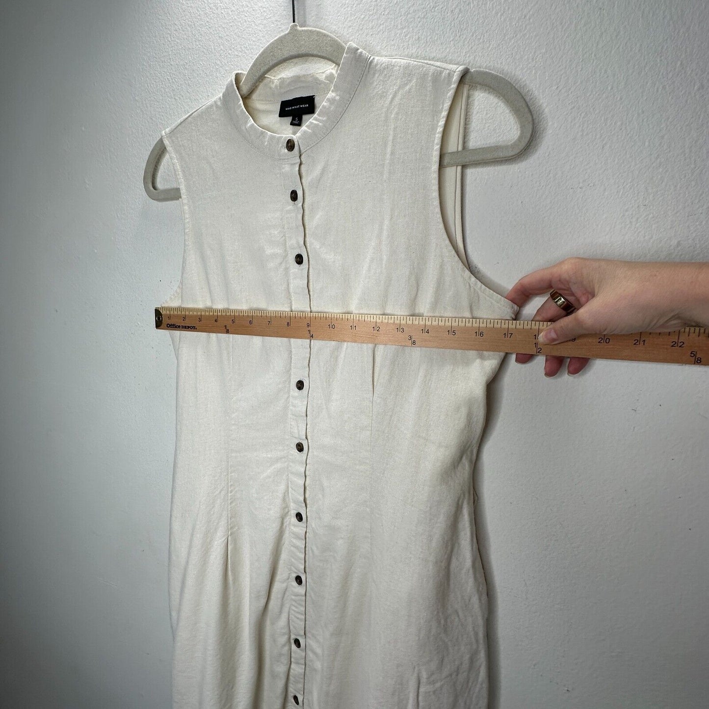 Whowhatwhere Cream Sleeveless Mock Neck Button Front Pocket Linen Midi Dress SM