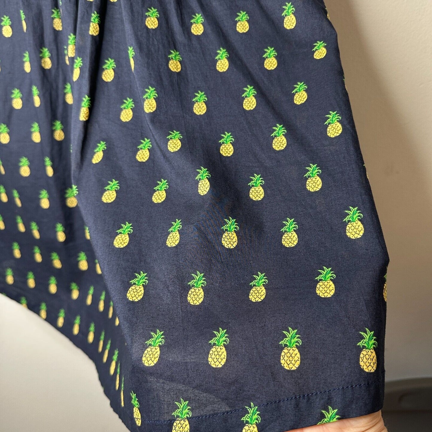 Mo:Vint NY Navy Pineapple Print Pleated Tie Pocket Circle Cotton Midi Skirt SM