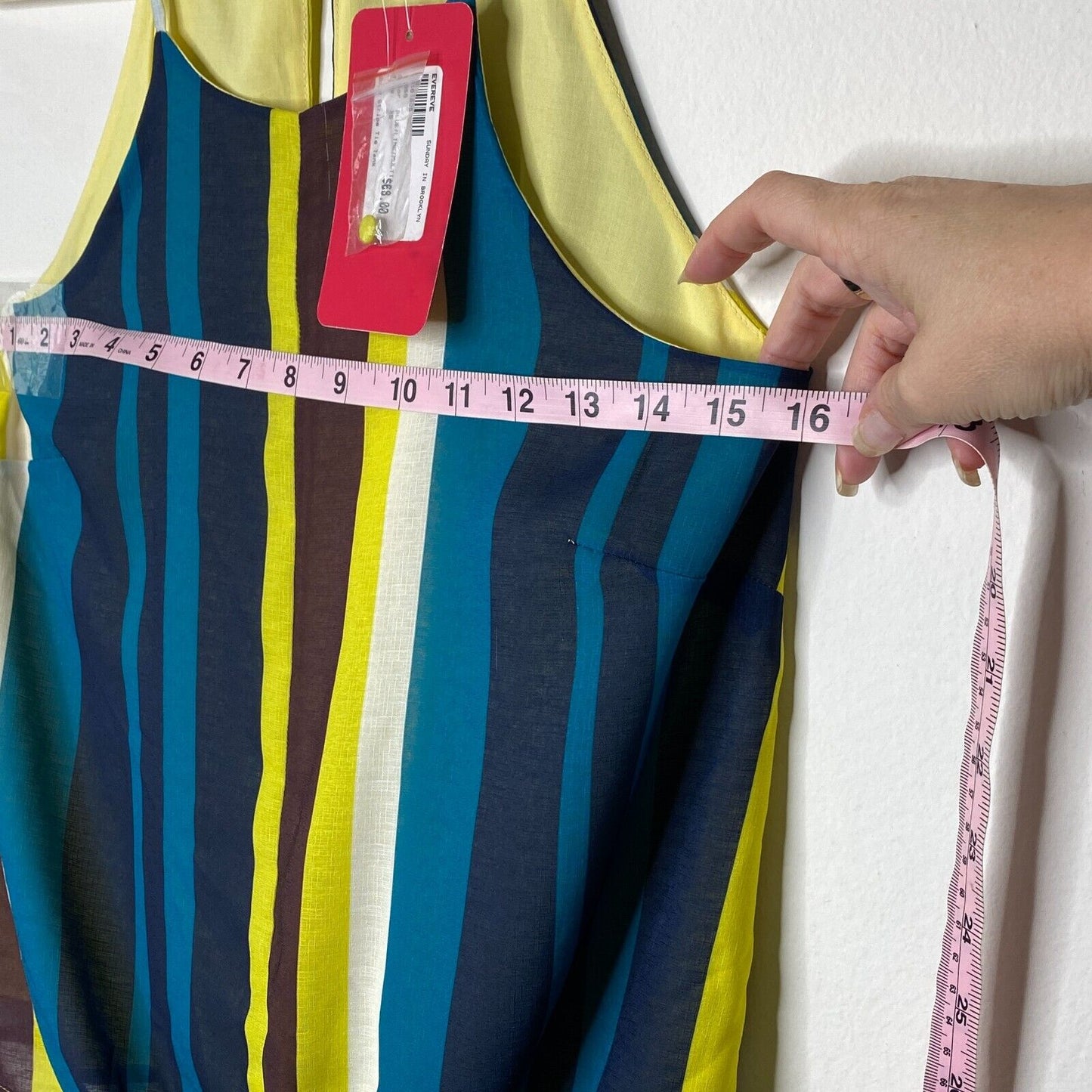 Sunday In Brooklyn Teal Blue & Yellow Black Multi Stripe Front Tie Blouse XS