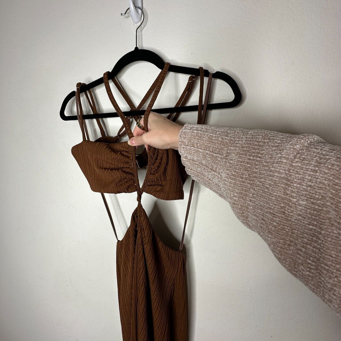 Rumer The Label Chocolate Ribbed Oasis Bandeau Style Cut Outs Lined Maxi S