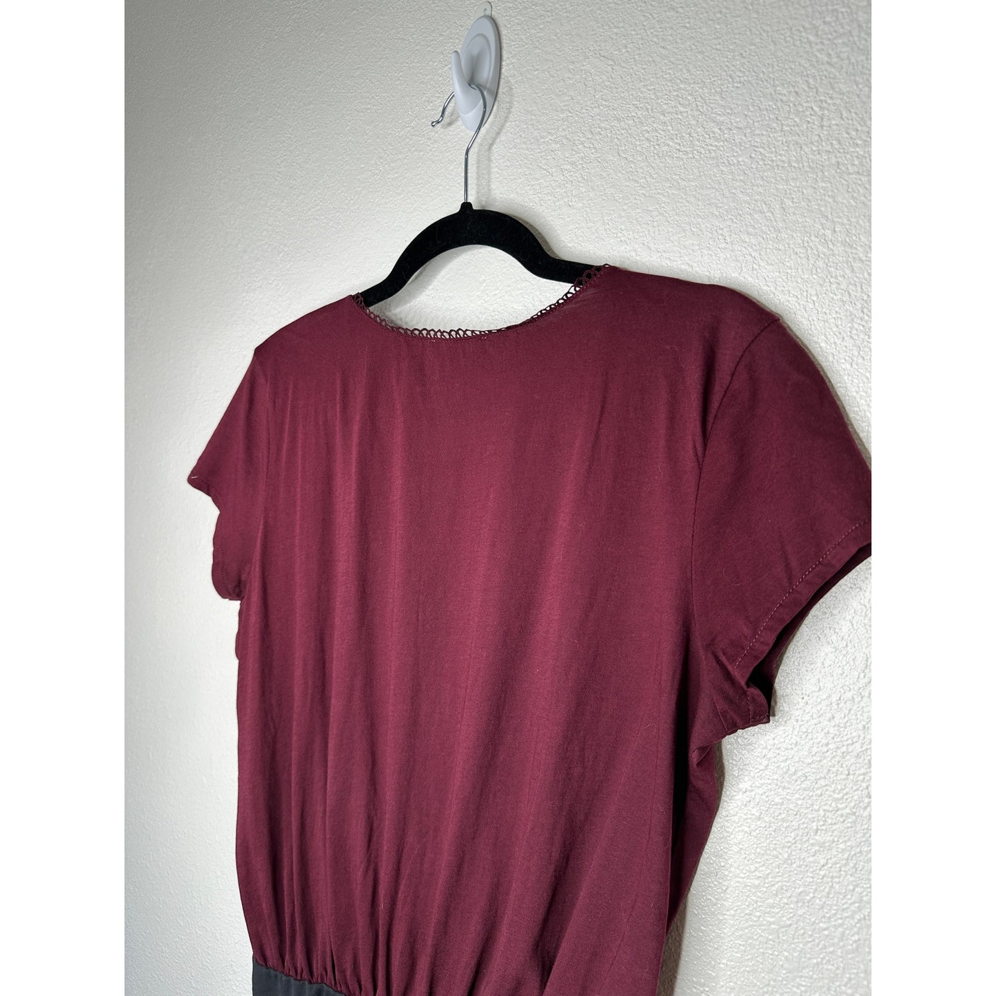 Sezane Burgundy & Black Thibault Bodysuit Crossover Neckline Short Sleeve