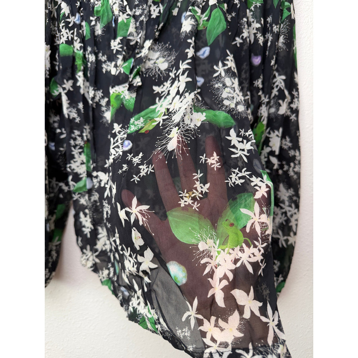 Isolda Silk Floral Tie Neck Sheer Blouse Black Green Women's US M