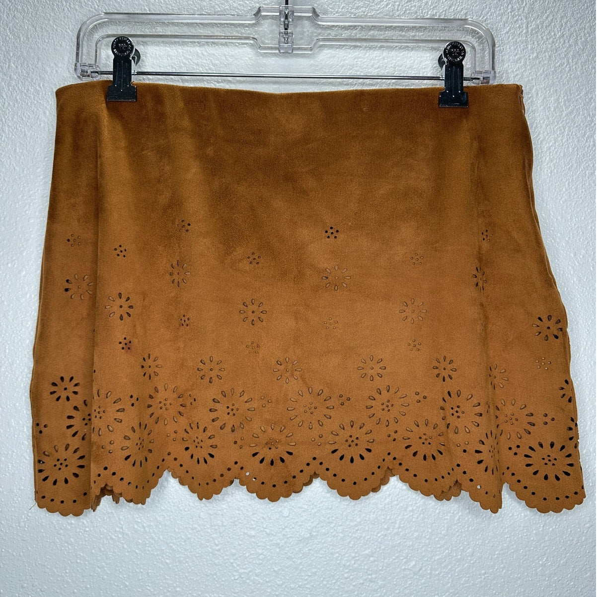 Zara Rust Brown Faux Suede Laser Cut Scalloped Hem Skirt L
