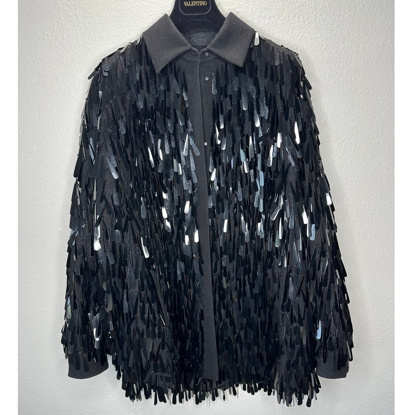 Valentino Garavani Black Sequin Fringe Shirt Jacket Medium