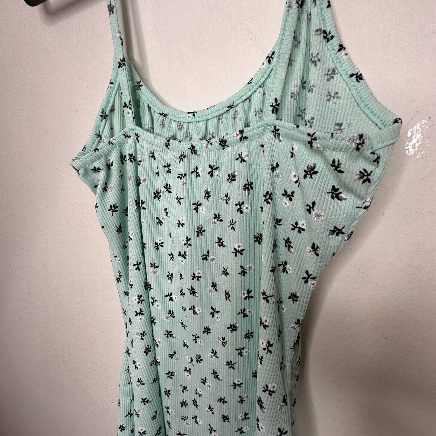 Ditsy Mint Floral Rouched Bust Rib Knit Spaghetti Strap Jersey Mini 6