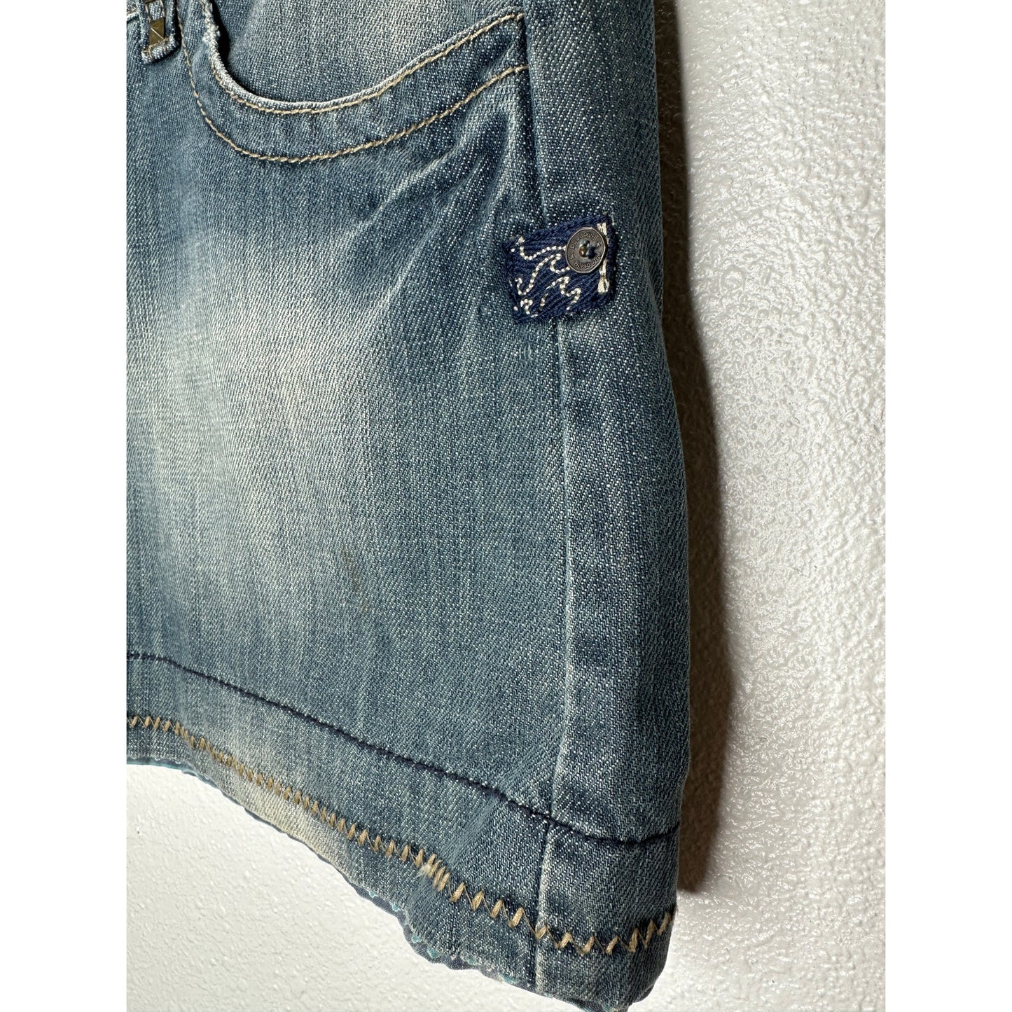 Billlabong Y2K Medium Wash Low Rise Tan Stitching Jean Skirt 7