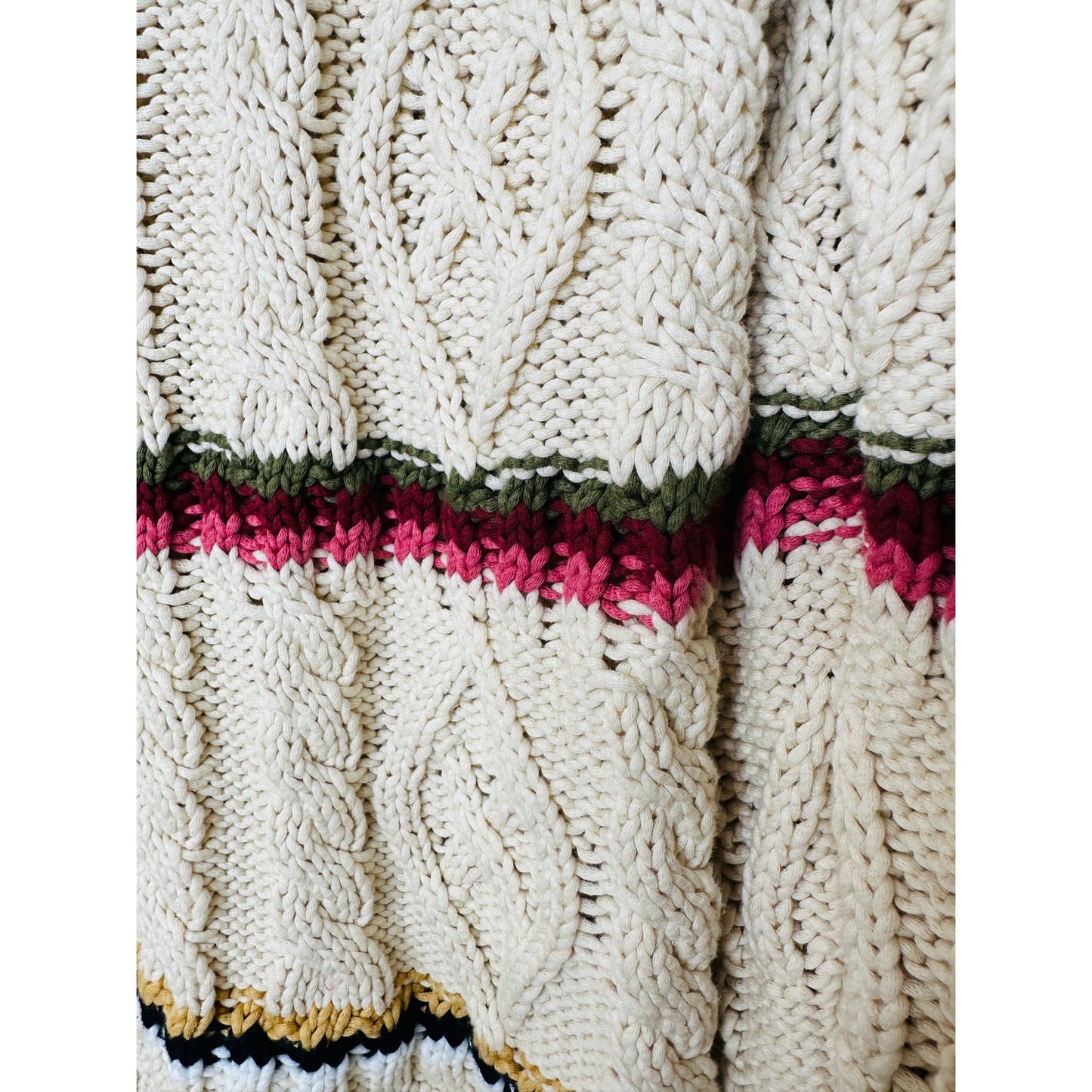 Veronica Beard Bruna Cream Black Multi Stripe Chunky Knit Long Sleeve Sweater M