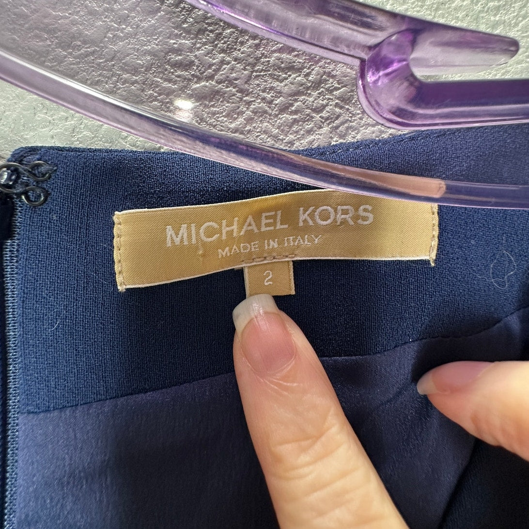 Michael Kors Navy Blue V-Neck Cap Sleeve Front Slit Fitted Midi Dress 2