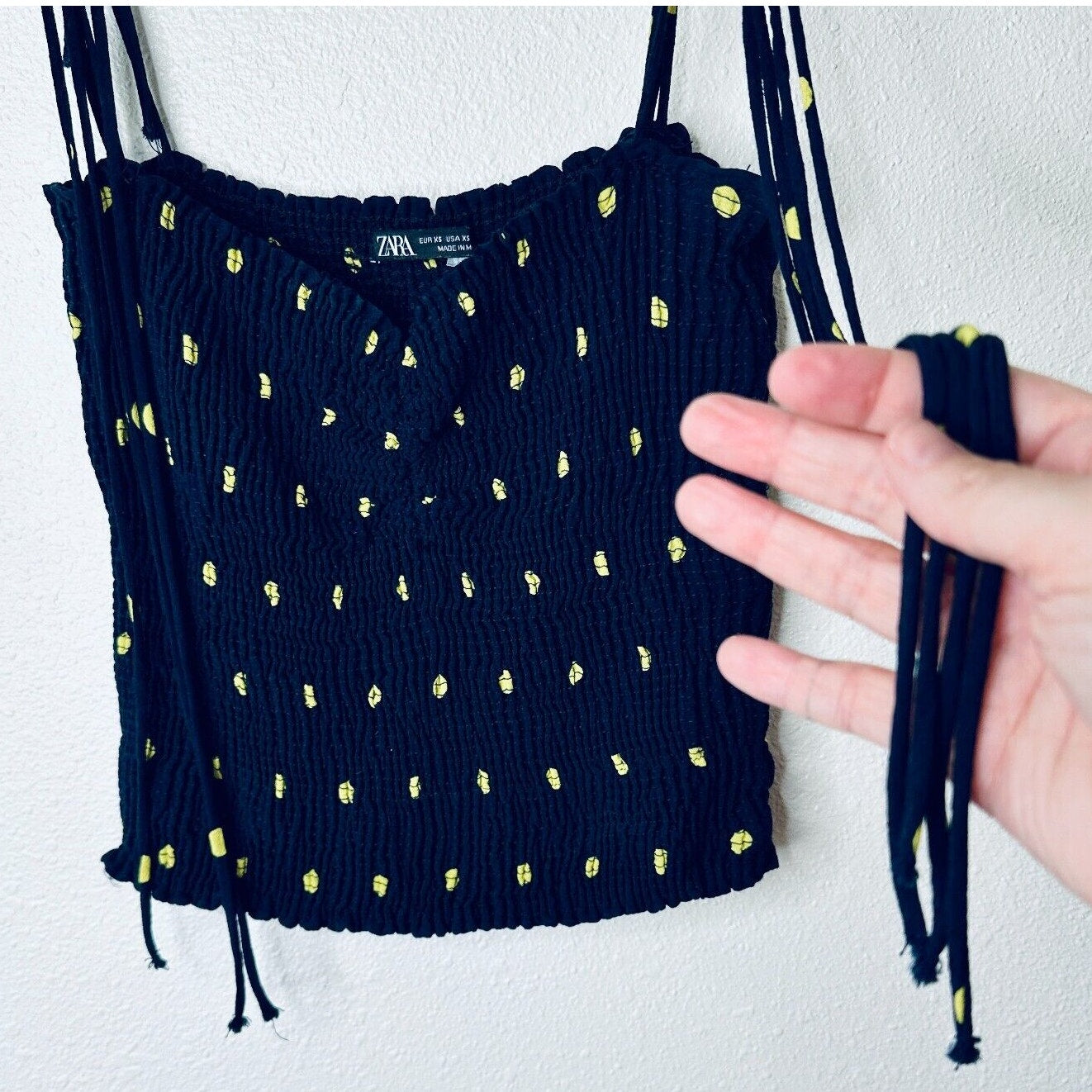 Zara Navy & Yellow Polka Dot Smocked Tube Top XS
