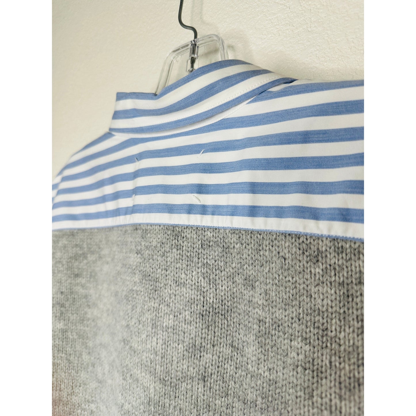Maison Margiela Distressed Gray Vest Layered Blue & White Stripe Shirt