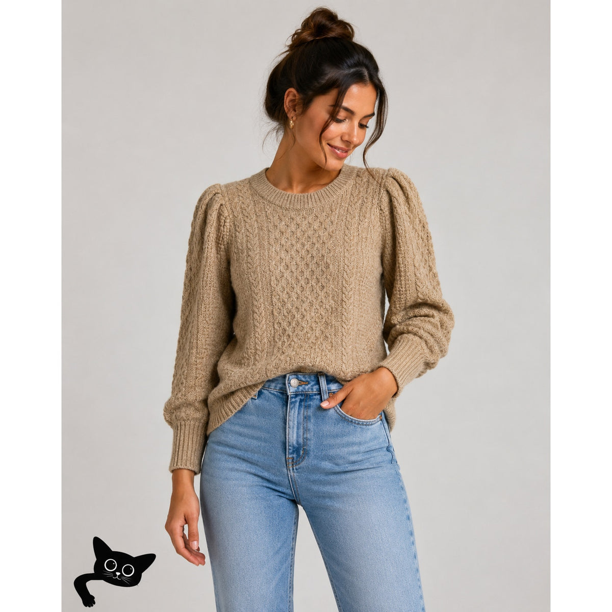 Abercombie & Fitch Tan Knit Pleated Puff Shoulder Round Neck Sweater L