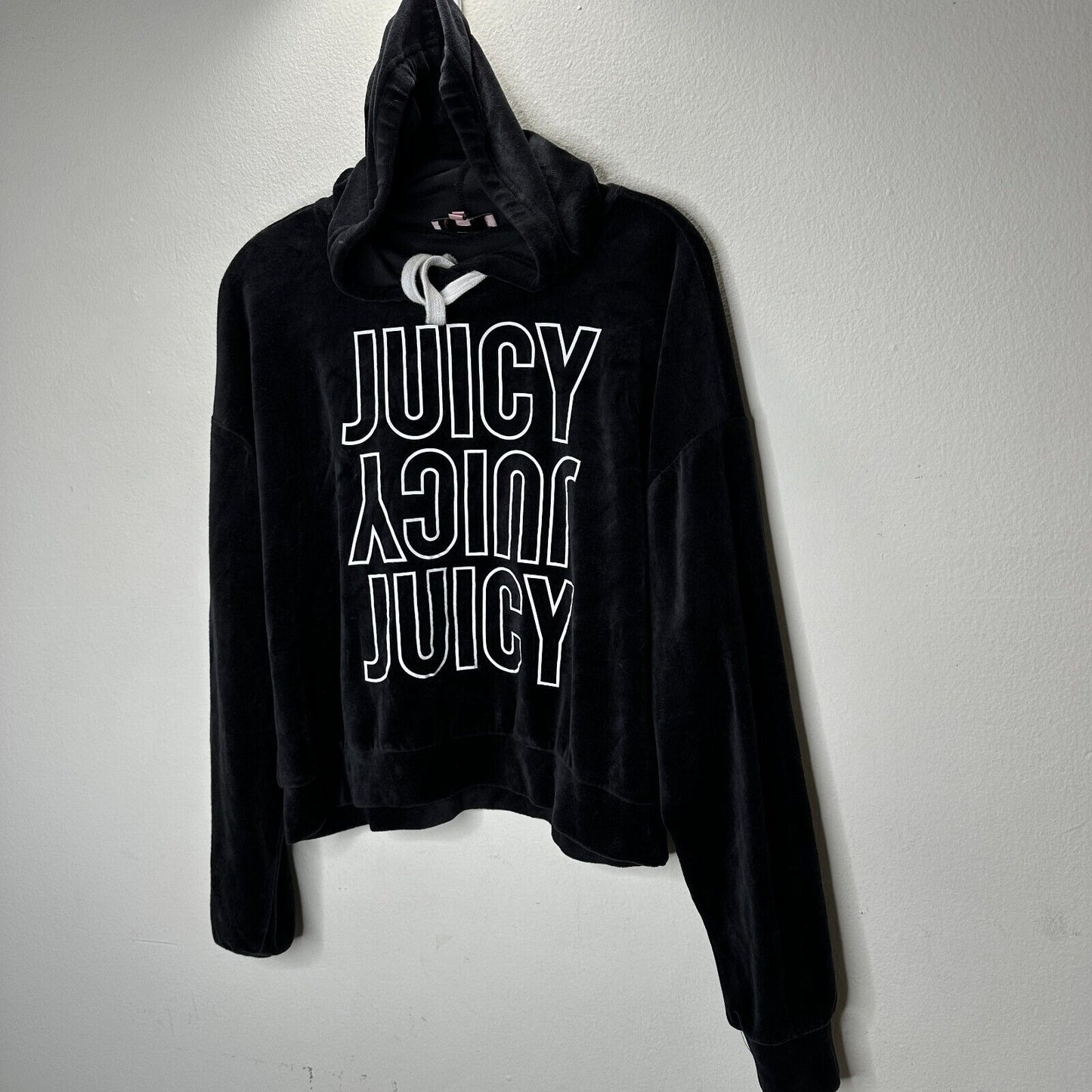 Juicy Couture Black Velour Long Sleeve Oversize Hoodie White Juicy Logo S