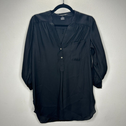 Ellison Black Satin V-Neck Front Button with Pockets Long Sleeve Blouse S