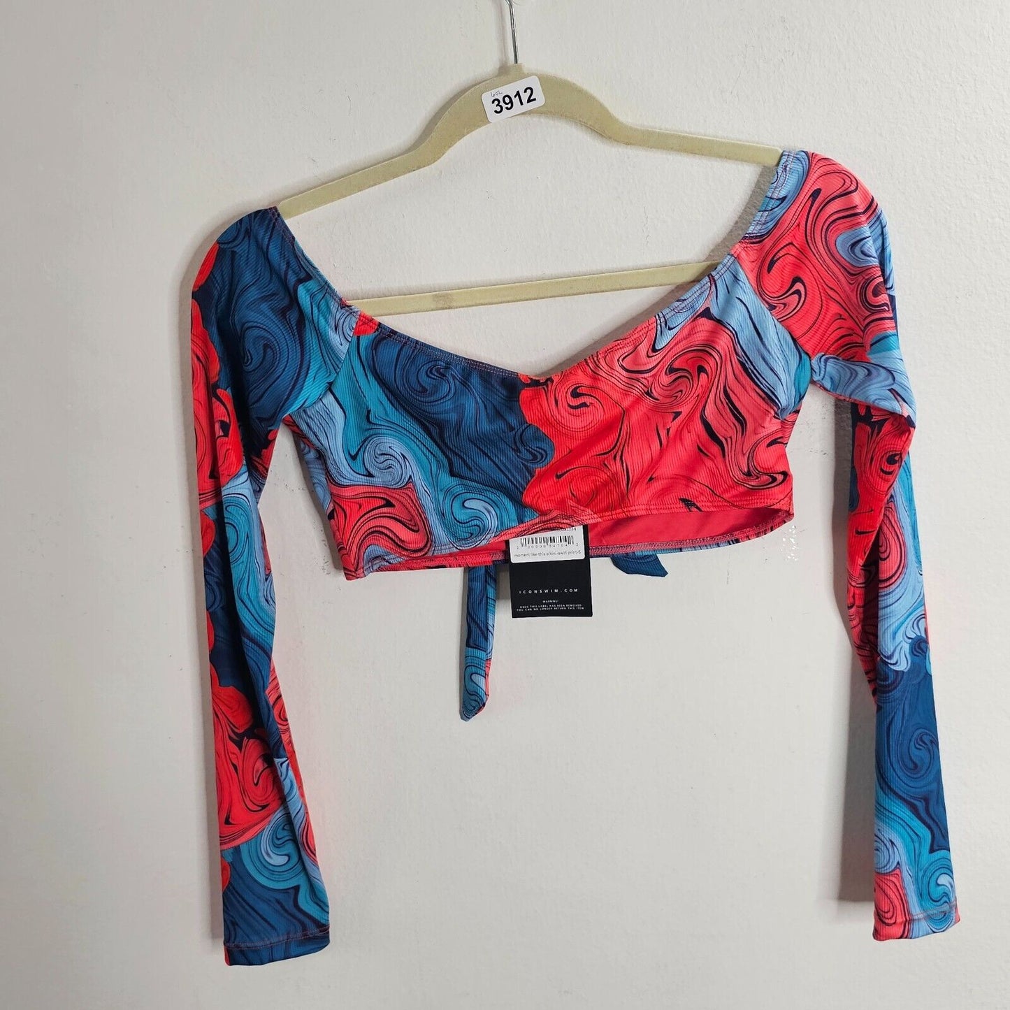NWT Icon Swim Blue & Red Moment Like This Bikini Swirl Print Long Sleeve Top S