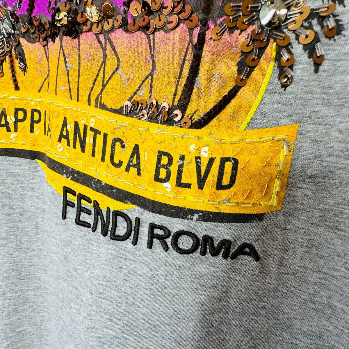 Fendi Gray Short Sleeve Appia Antica Blvd Fendi Roma logo Tee Bead Sequin Top L