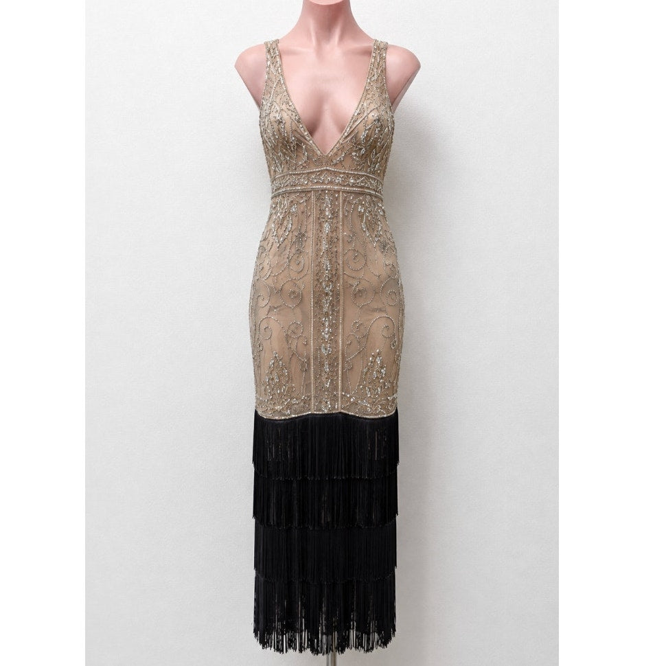 NWT Sue Wong Beaded Gold Mesh Top Black Fringe Bottom Evening Dress 8