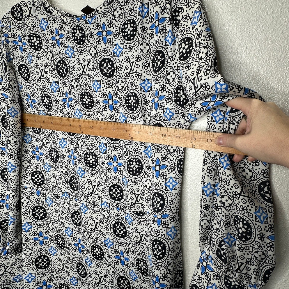 Louis Vuitton Silk Belted Print Midi Dress Runway White Black Blue 42 / 10