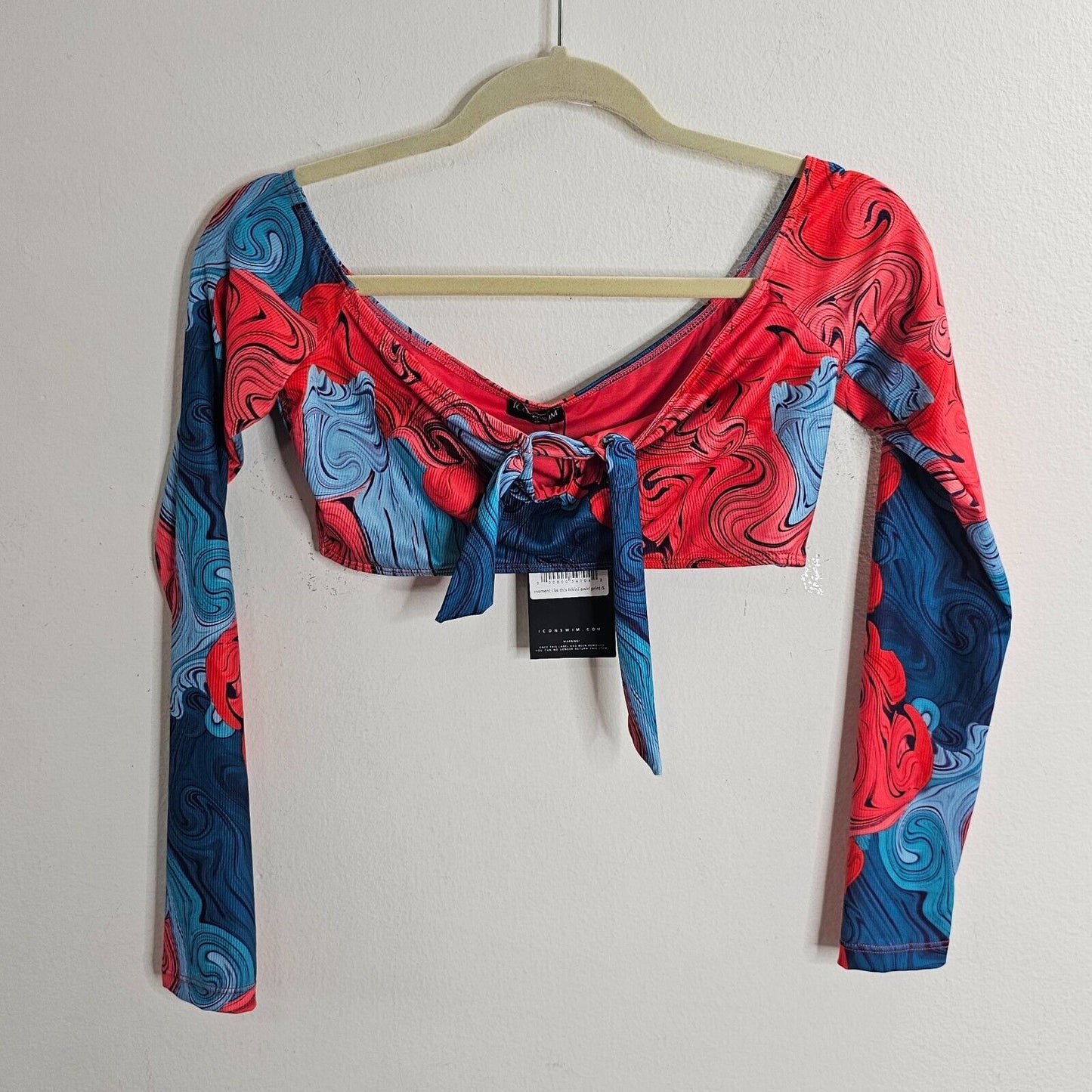 NWT Icon Swim Blue & Red Moment Like This Bikini Swirl Print Long Sleeve Top S