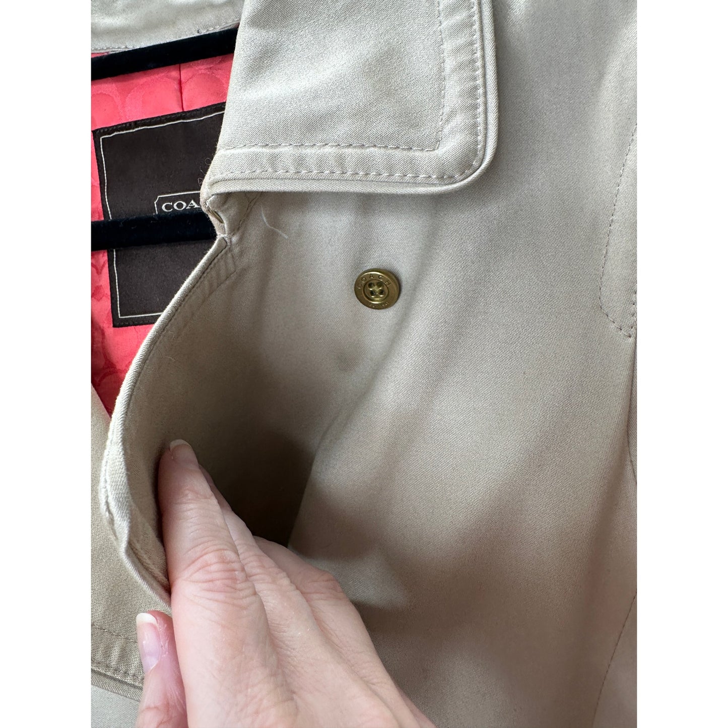 Coach Tan Double Breasted Tie Belt Trench Coat Gold Buttons Small