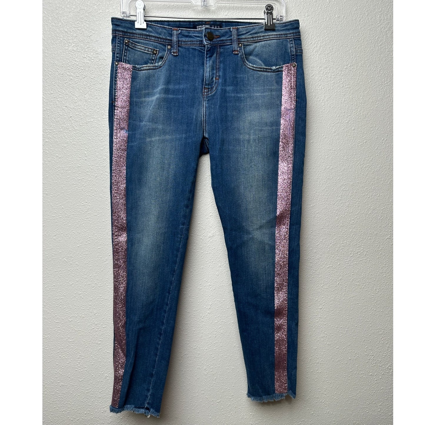 Zara Jeans Medium Wash Womens US 8 Pink Glitter