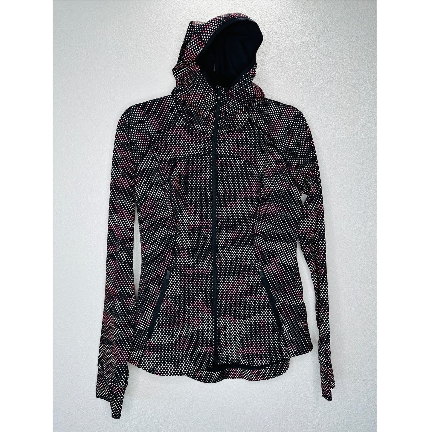 Lululemon Black Red Cream Polka Dot Camo Hooded Zip Front Jacket 6
