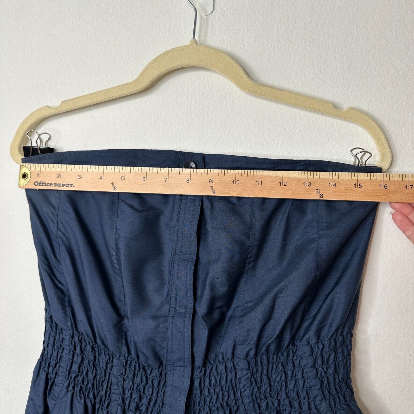 Modern Amusement Cute Strapless Navy Button Down Tiered Ruffle Dress 100% Silk 6