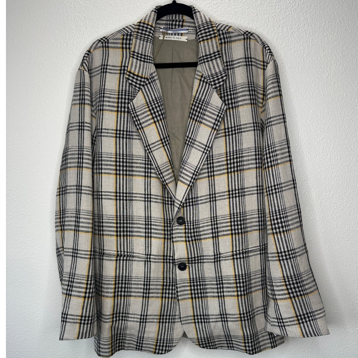 NWT Cristaseya Oversized Linen Blazer Ecru Black Yellow Plaid M