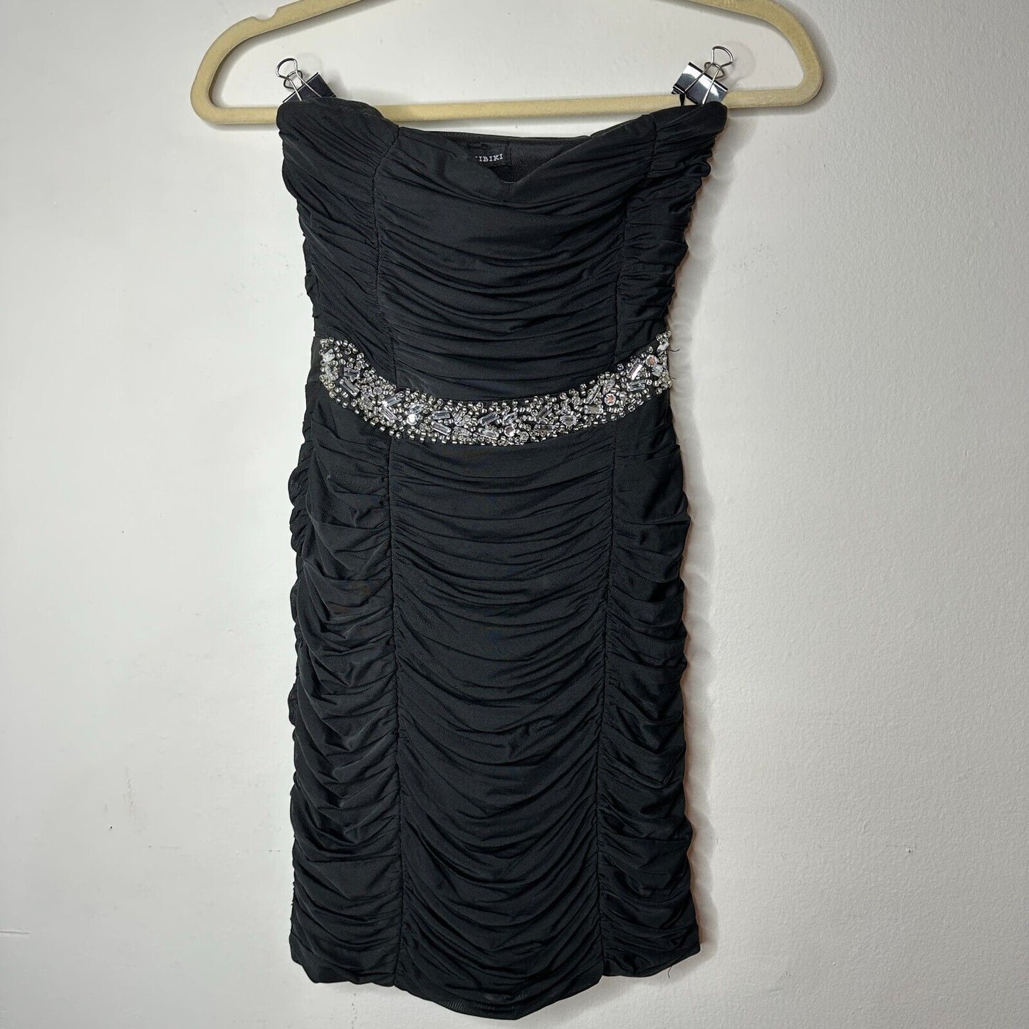 Nikibiki Black Strapless Ruched Bedazzled Rhinestone Front Waist Belt Mini Small