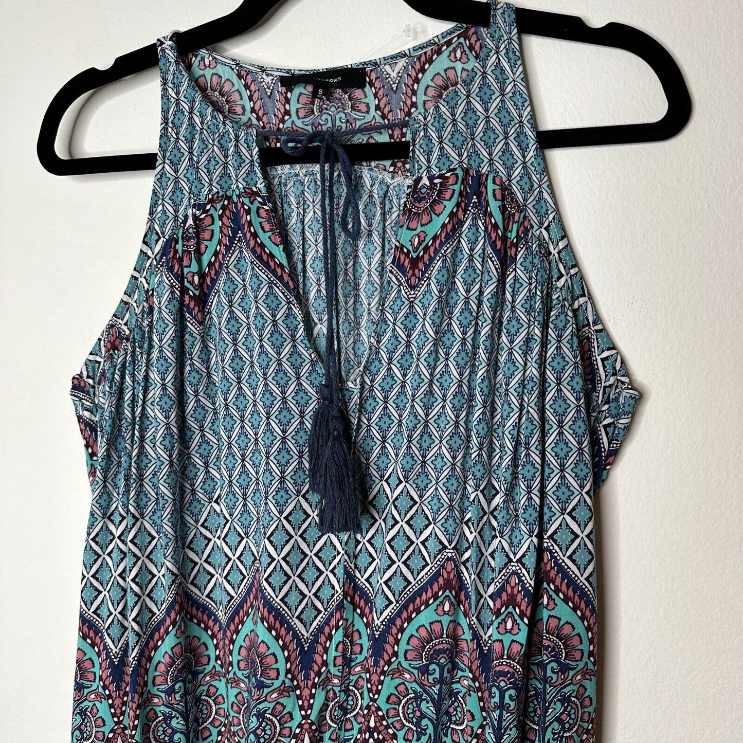 Olivaceous Teal Pink Multi Color Paisley Sleeveless Flowy Mini Tie VFront Small