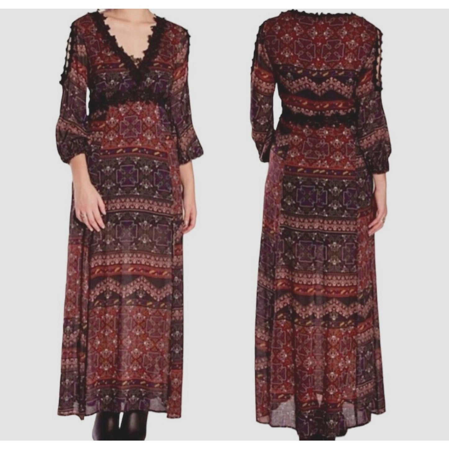 Line & Dot Black Rust Aztec Lace Trim Slit Maxi Cold Shoulder Long Sleeve M