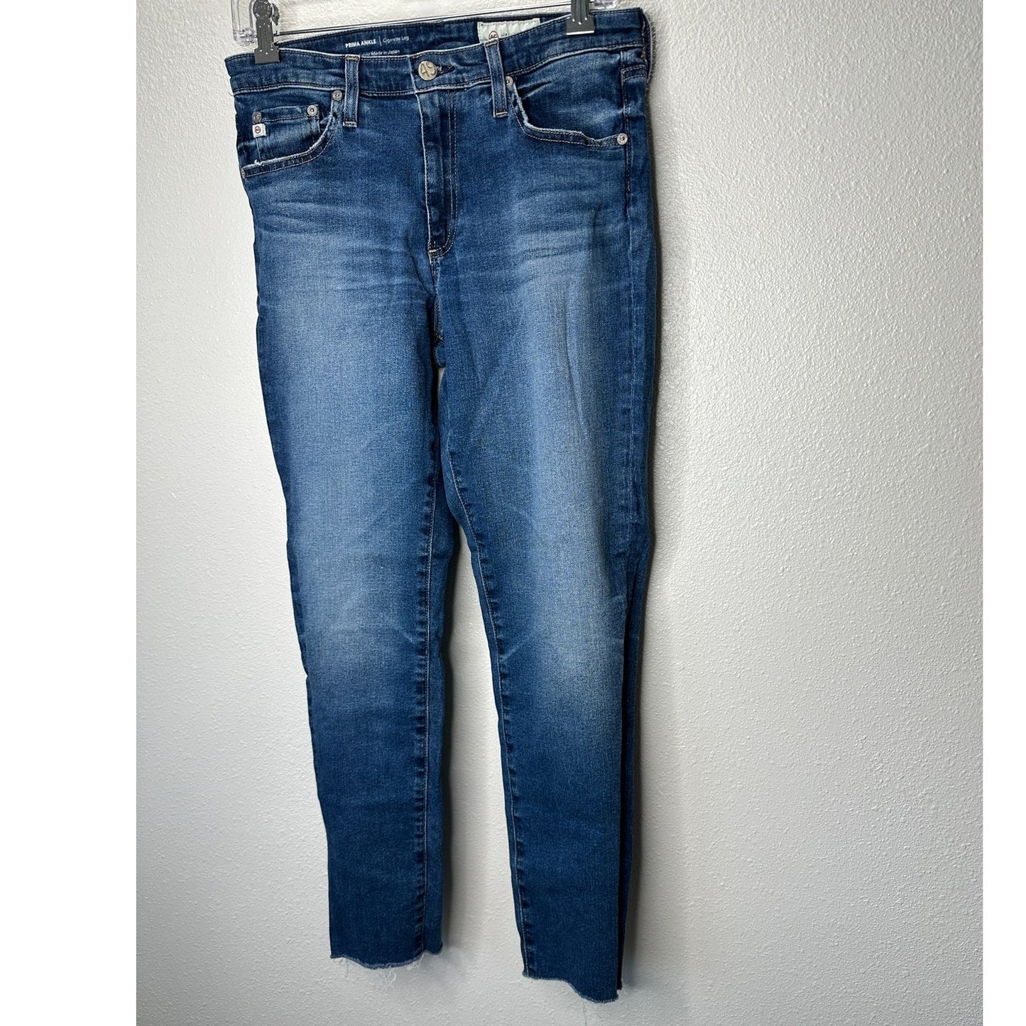 AG Medium Dark Wash The Prima Ankle Cigarette Leg Raw Hem Jeans 30