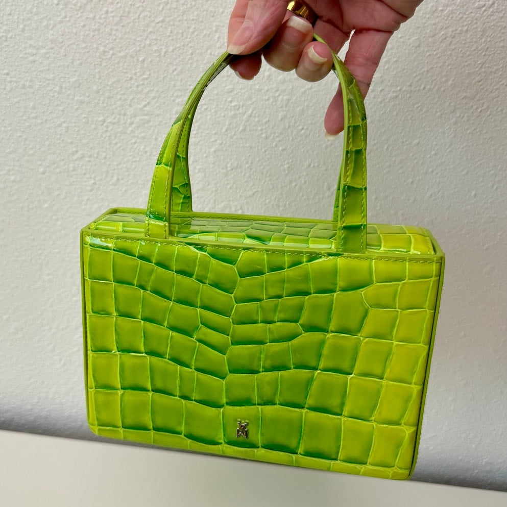EUC Amina Muaddi Mini Croc Embossed Lime Green Leather Top Handle Bag