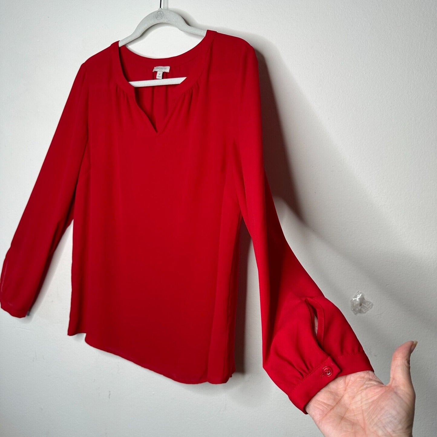 Talbots Red Long Sleeve Button Cuff Shirred Back Cut V Neck Tunic Blouse Medium